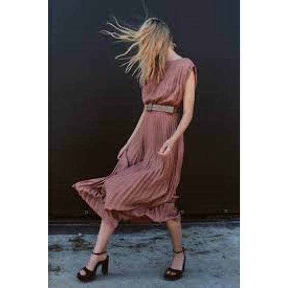 ZARA Rose Pink Marsala Pleated Midi Belted Dress Size Large NWT - Picture 3 of 10